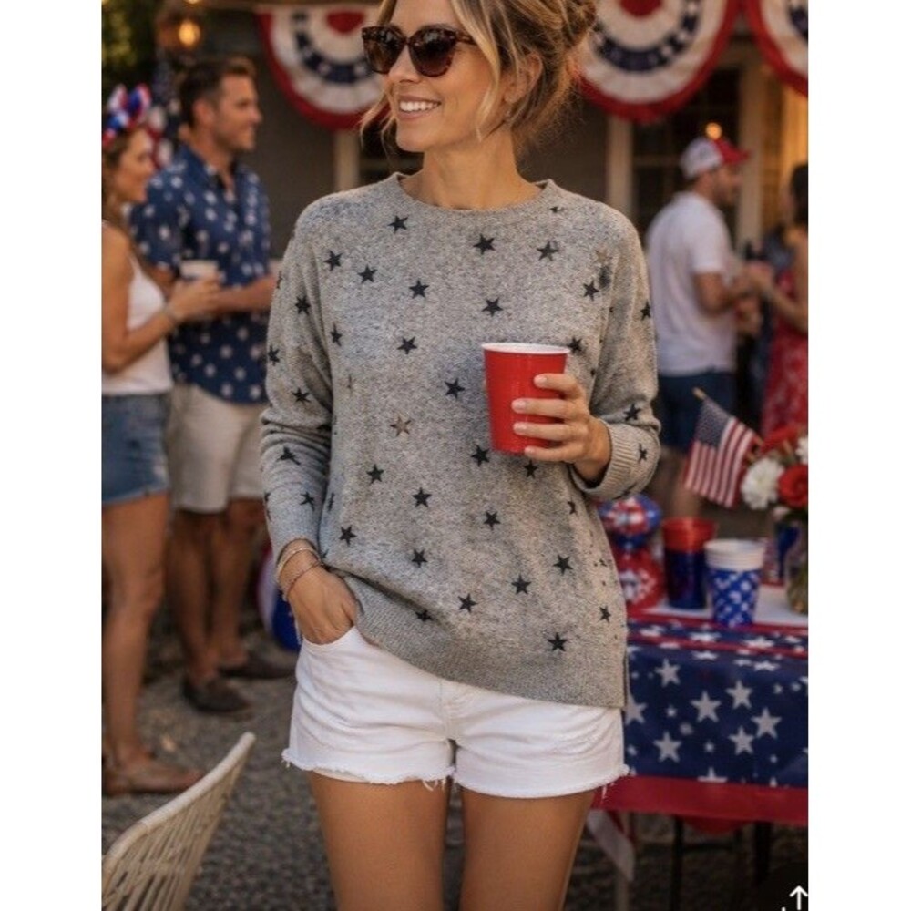 Lucky Brand Sweater Soft Viscose Patriotic America Birthday Black Star Small/P